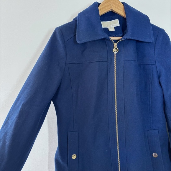 MICHAEL Michael Kors Blue Wool Blend Zip Up Collared Hooded Coat Size Medium - Picture 3 of 15